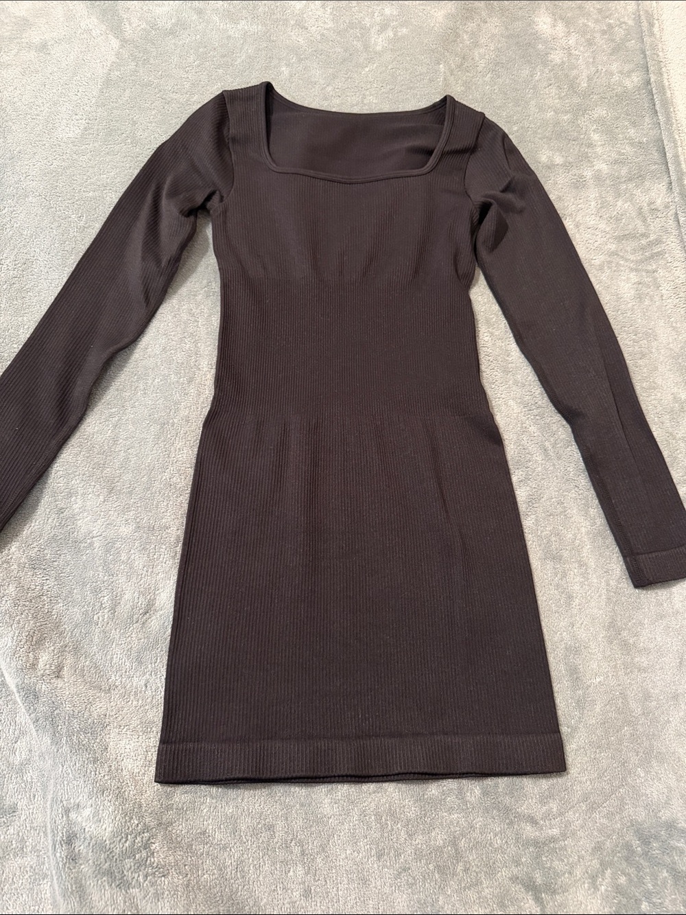 Long Sleeve Square Neck Ribbed Bodycon Dress - Black